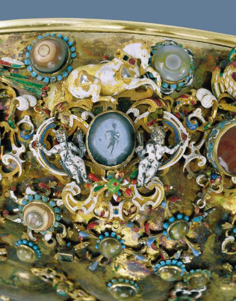 Díszserleg ékszerekkel – ún. násfás serleg, részlet, bécsi ötvöstárgy, 1638