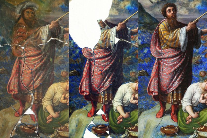 Restaurálás előtti, feltárás utáni és restaurálás utáni állapot: Átkelés a Vörös-tengeren (részlet). Fotó: Kuna Ágnes