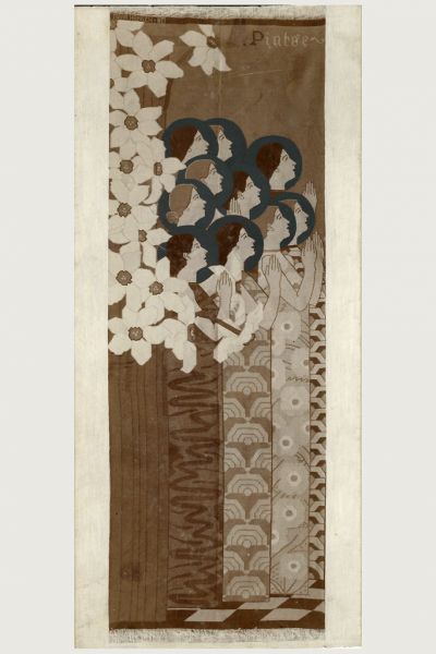 Fénykép - ”Angyalok kara ” faliszőnyeg, tervezte Frida Hansen, az 1909-es Stockholmi Iparművészeti Kiállításon, 1909, Stockholm