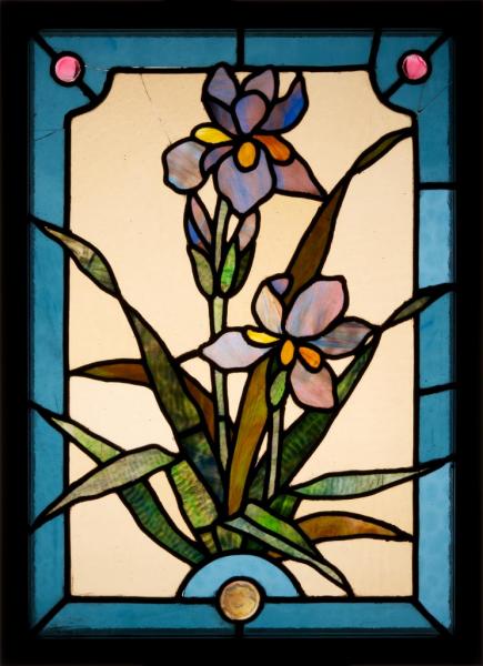 Stained glass window with irises, design by Karl Engelbrecht, executed by Miksa Róth, 1900-1902, inv.no. 65.304.1